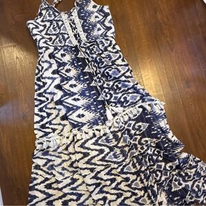 Navy and White Printed Maxi Dress with Tassel Detail